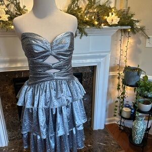 Silver Strapless Dress with Rhinestone Details & Tie Corset Back sz0 NWT